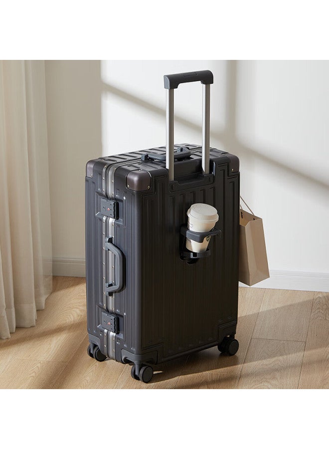 Soo Aluminum Frame Suitcase, Stylish Trolley Case, Durable Travel Luggage, Password Lock, Leather Suitcase With Cup Holder, Gray, 26 Inches - Image 5
