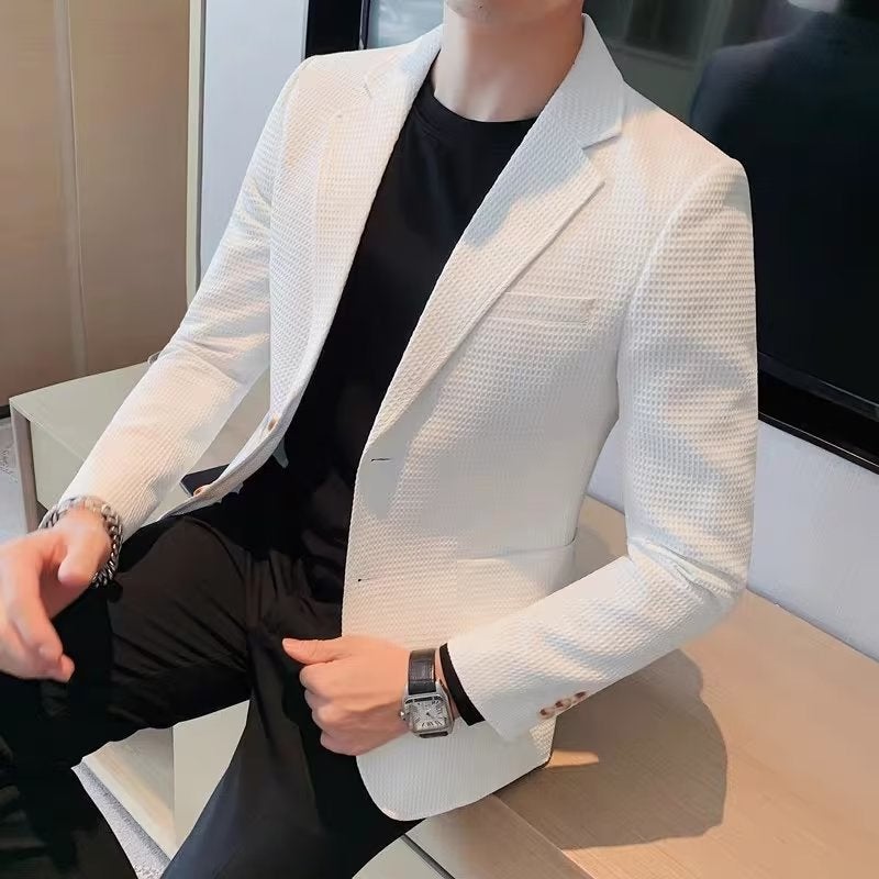 2023 Mens Slim Waffle Blazer Korean Casual Autumn Jacket White  - Image 1