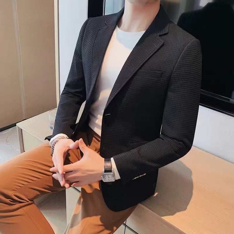 2023 Mens Slim Waffle Blazer Korean Casual Autumn Jacket White  - Image 2