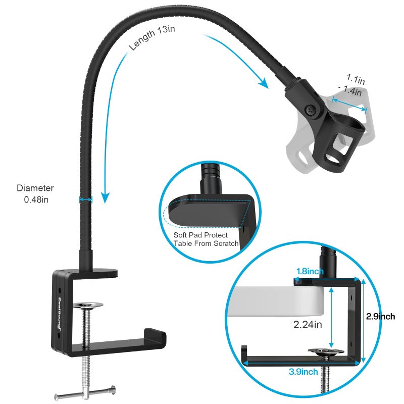 ZealSound حامل ميكروفون ZealSound، حامل ميكروفون مكتبي مرن مع مشبك مكتب قوي، محول براغي 3/8" إلى 5/8" يتضمن ذراع ميكروفون مضغوط قابل للتعديل 360 لميكروفون Blue Snowball Ice Spark (أسود) - Image 4