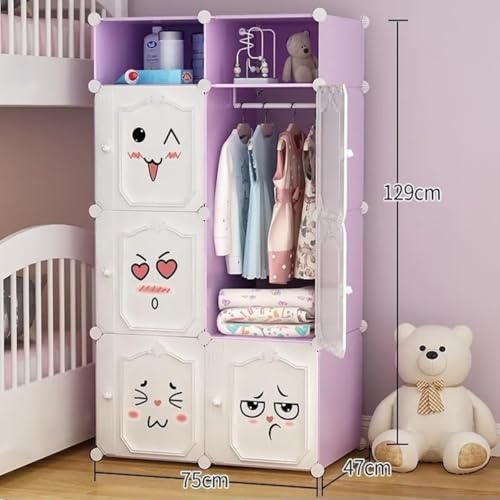 EXVITO Kids Portable DIY Cartoon Giraffe Wardrobe | Multi-Shelf Foldable Almirah for Baby Clothes Storage | 6+2 Door Plastic Kids Cupboard with Hanging Space & Drawers | Storage Organizer - Purple - Image 2