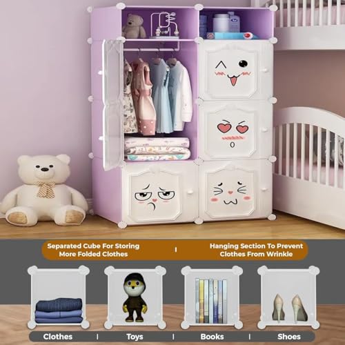 EXVITO Kids Portable DIY Cartoon Giraffe Wardrobe | Multi-Shelf Foldable Almirah for Baby Clothes Storage | 6+2 Door Plastic Kids Cupboard with Hanging Space & Drawers | Storage Organizer - Purple - Image 3