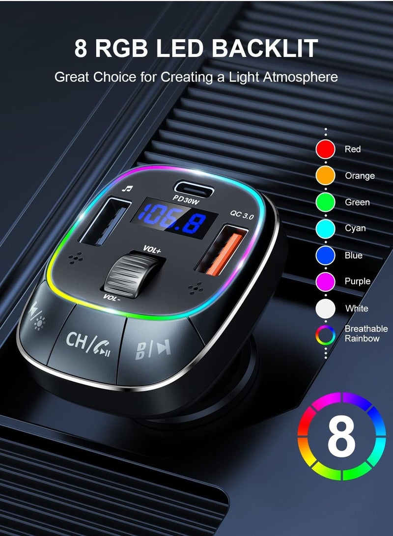 Bluetooth Car Adapter for Car with [Dual Mic & Bass Boost], Type-C PD 30W & QC 3.0 Quick Charging Bluetooth Car Adapter, FM Radio Receiver Music Player/Car Kit, Hands-Free Calling