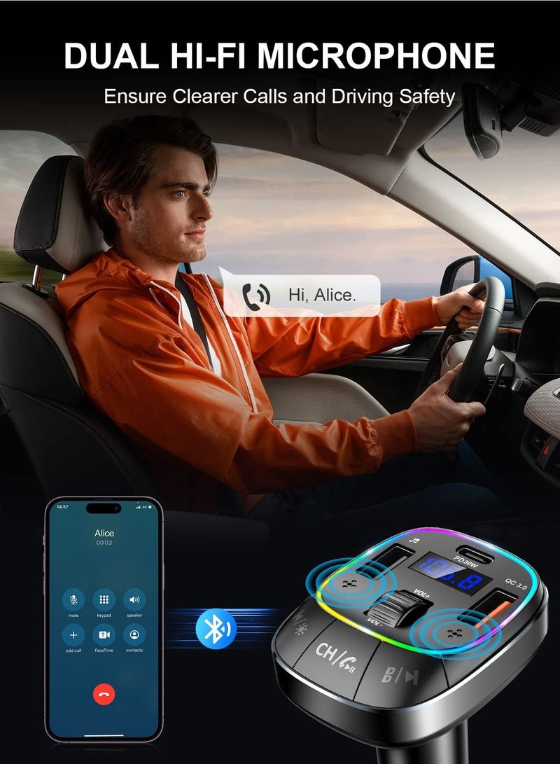 Bluetooth Car Adapter for Car with [Dual Mic & Bass Boost], Type-C PD 30W & QC 3.0 Quick Charging Bluetooth Car Adapter, FM Radio Receiver Music Player/Car Kit, Hands-Free Calling