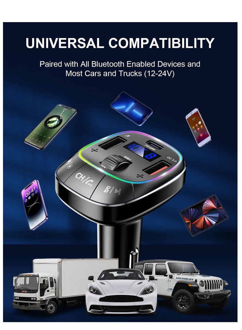 Bluetooth Car Adapter for Car with [Dual Mic & Bass Boost], Type-C PD 30W & QC 3.0 Quick Charging Bluetooth Car Adapter, FM Radio Receiver Music Player/Car Kit, Hands-Free Calling
