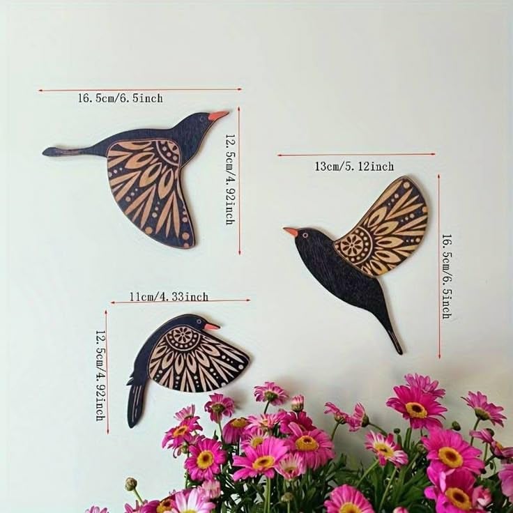 Bhikham Creation 3 Black Wood Bird Modern Wall Decor Contemporary Style Wooden Bird Wall Art, Inspirational Wall Decor Colorful Birds Sculpture, Hanging for Indoor Outdoor Home Living Room Office Garden - Image 2