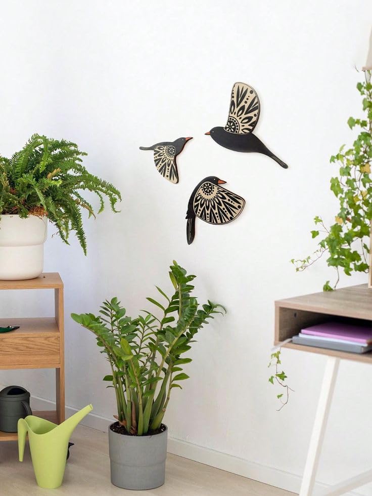Bhikham Creation 3 Black Wood Bird Modern Wall Decor Contemporary Style Wooden Bird Wall Art, Inspirational Wall Decor Colorful Birds Sculpture, Hanging for Indoor Outdoor Home Living Room Office Garden - Image 5