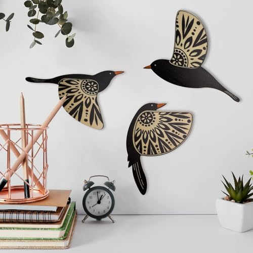 Bhikham Creation 3 Black Wood Bird Modern Wall Decor Contemporary Style Wooden Bird Wall Art, Inspirational Wall Decor Colorful Birds Sculpture, Hanging for Indoor Outdoor Home Living Room Office Garden - Image 1