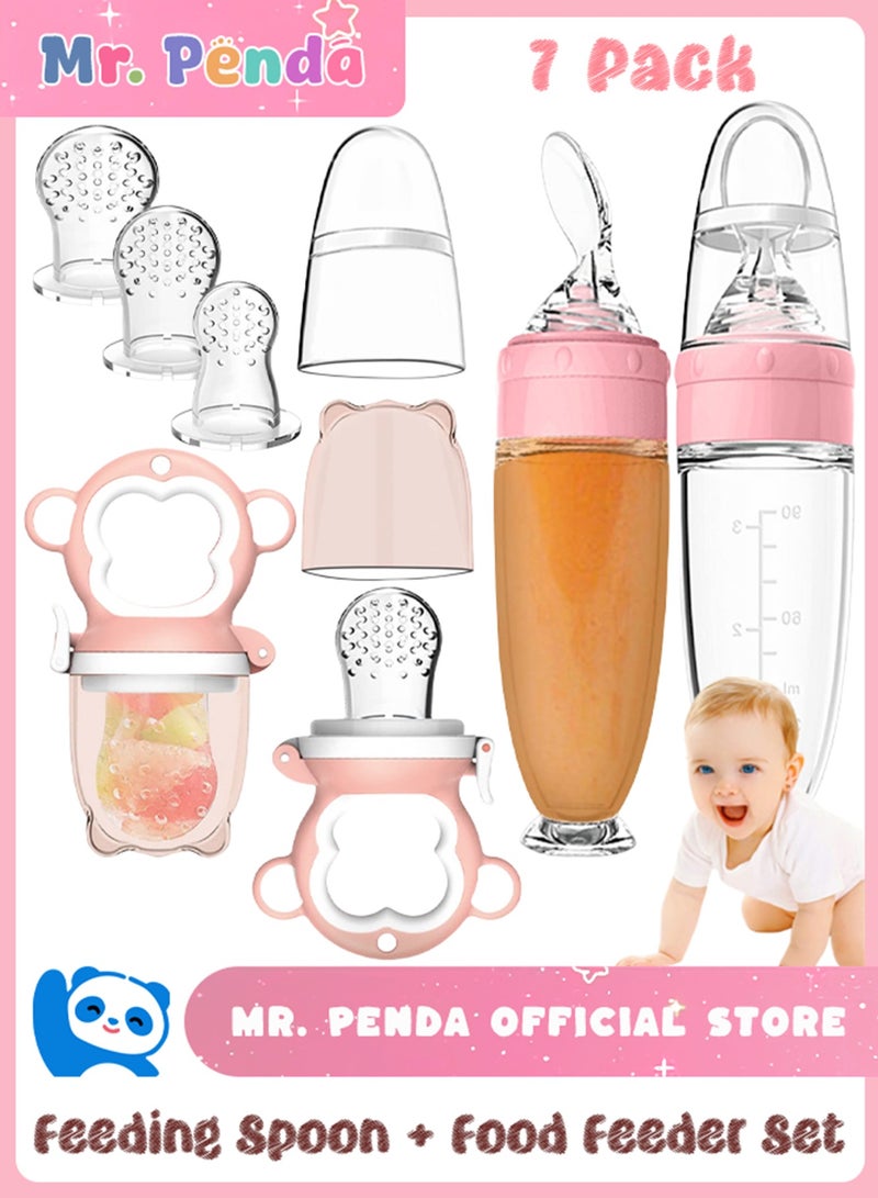 Mr. Penda 7 Pack Baby Food Feeder Set, include 2 Baby Food Dispensing Spoon, 2 Baby Food Feeder, 3 Different Sized Silicone Teething Pacifiers, Baby Fruit Feeder (Pink) - Image 1