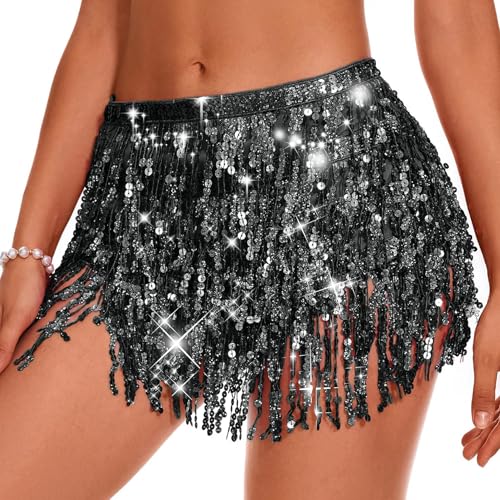 Durio Belly Dance Skirt with Tassel Fringe & Sequin - Rave & Festival Skirt for Women - Black, One Size - Image 1