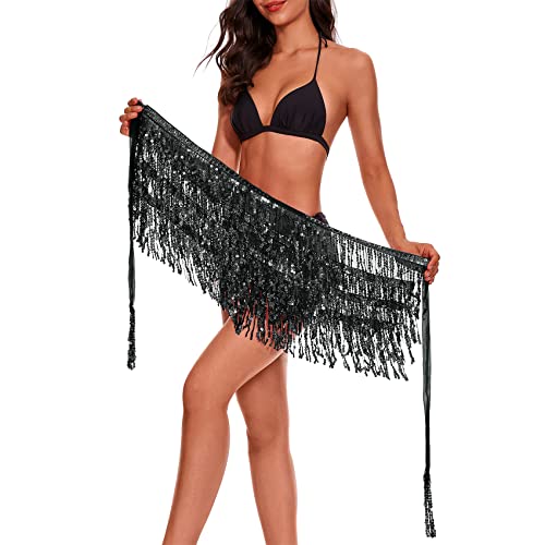 Durio Belly Dance Skirt with Tassel Fringe & Sequin - Rave & Festival Skirt for Women - Black, One Size - Image 4