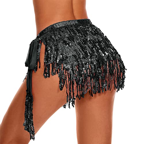 Durio Belly Dance Skirt with Tassel Fringe & Sequin - Rave & Festival Skirt for Women - Black, One Size - Image 3