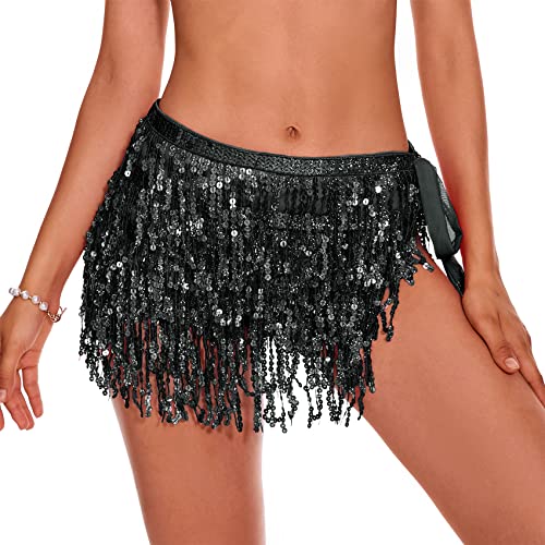 Durio Belly Dance Skirt with Tassel Fringe & Sequin - Rave & Festival Skirt for Women - Black, One Size - Image 2