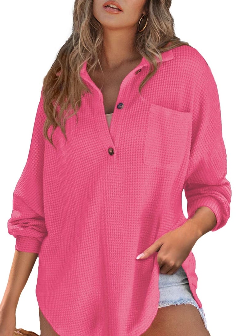 Astylish Ladies Waffle Knit Long Sleeve Tops Fashion Button Up V Neck Henley Shirt Lightweight Basic Tunic Blouse Rose Red X-Large - Image 1