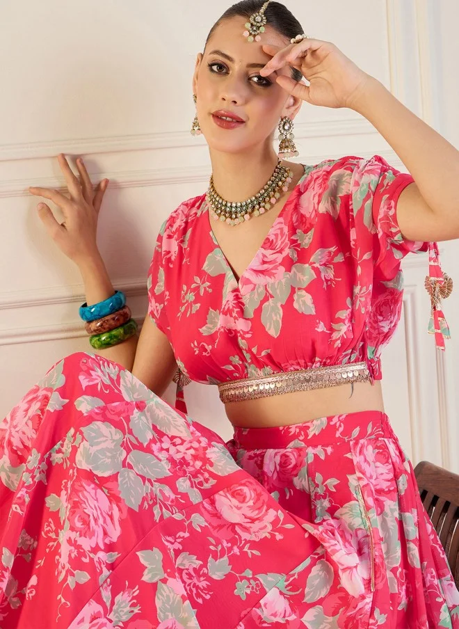 SASSAFRAS Printed Pink Lehenga Set for Women