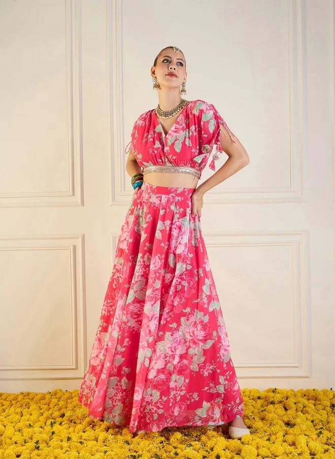 SASSAFRAS Printed Pink Lehenga Set for Women