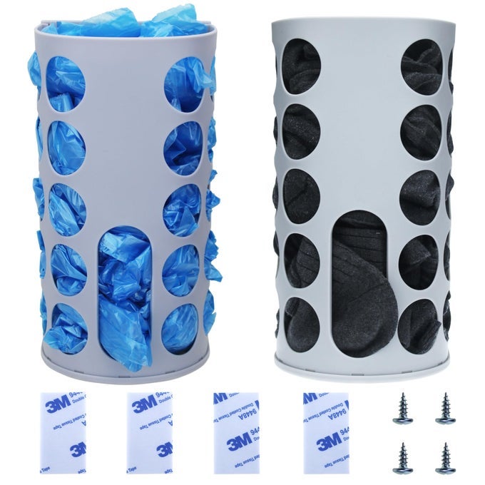 WALLMOUNTED PLASTIC BAG HOLDER 2 PACK MULTIUSE KITCHEN ORGANIZER FOR GROCERY BAGS SOCKS UNDERWEAR SPACESAVING DESIGN WITH ADHESIVE SCREWS
