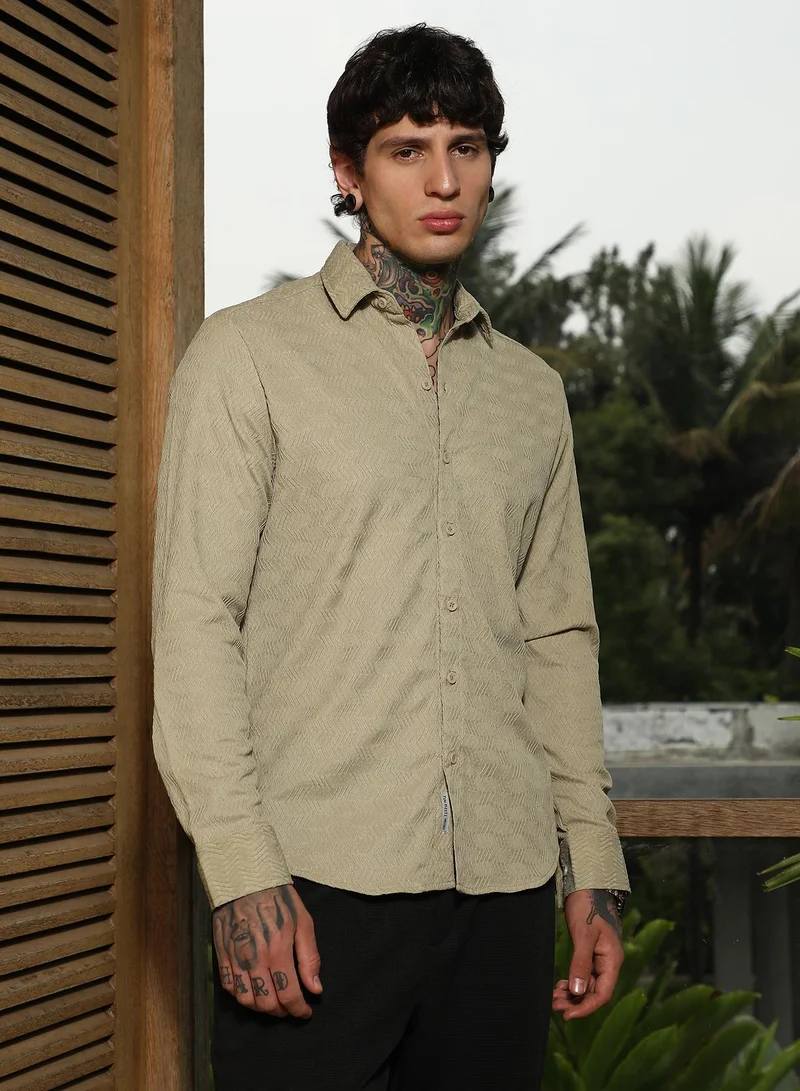 CAHOOT  Men's Ecru Beige Chevron-Tactile Shirt for Men | Best Price UAE