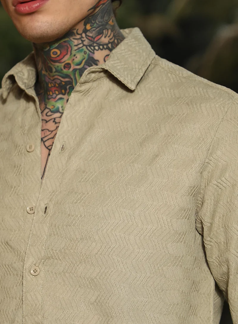 CAHOOT  Men's Ecru Beige Chevron-Tactile Shirt for Men | Best Price UAE
