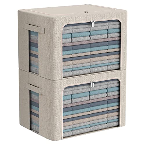 CYhom Clothes Storage Bins Box - Linen Fabric Foldable Stackable Container Organizer Set with Clear Window & Carry Handles & Metal Frame - 2Pack Large Capacity for Bedding, Blankets, Books - Image 1