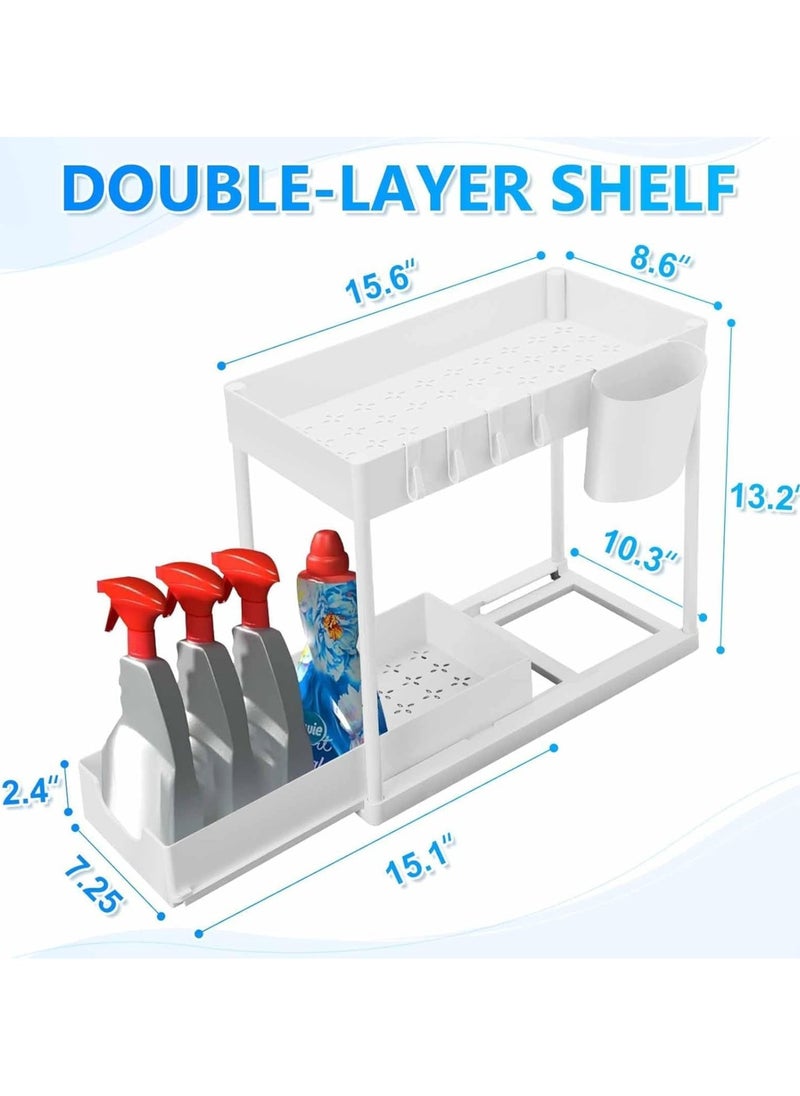 Raxoom 2 Tier Sliding Sink Organizer , Kitchen Bathroom Cabinet Organizer, Counter Organization Shelf Rack with Hooks (White)  - Image 3