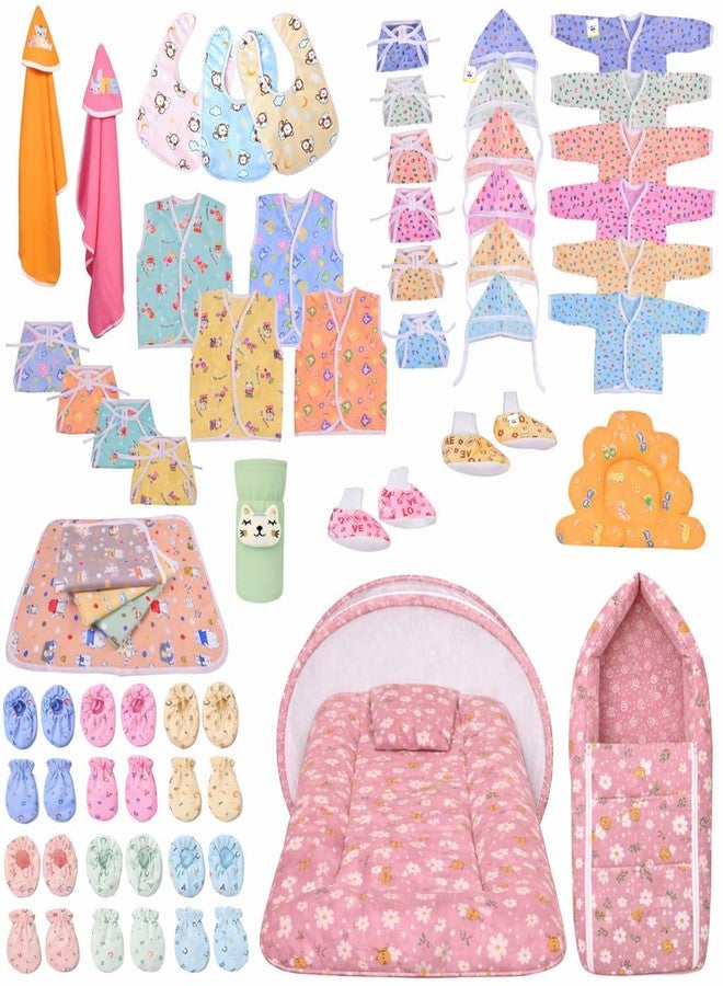 Kwitchy Newborn Baby Essentials Kit 53 Items Combo | New Born Baby Kit 0-6 Months | Baby Bed Bedding & Clothes Set | Newborns Hospital Bag & Infant Shower Gift | Pink - Image 1