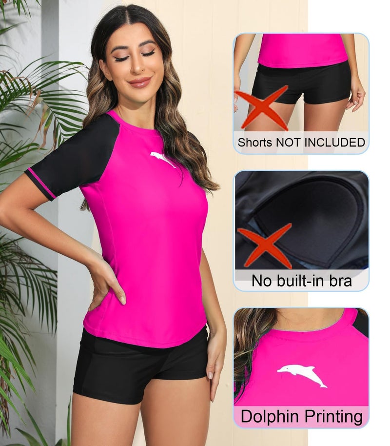 Halcurt Women's Short Sleeve Rash Guard Swimsuit Top Swim Shirt Only Swim Tee UPF50+ Quick Dry Swimsuit Neon Pink Black M - Image 3