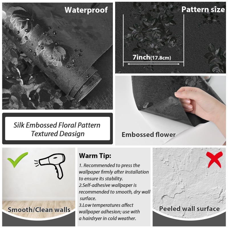 Lativo Black Peel and Stick Wallpaper 118inL 17.7inW Black Silk Embossed Floral Contact Paper for Cabinets Drawers Furniture Textured Flower Removable Wallpaper for Kitchen Bathroom Waterproof Thicken - Image 3