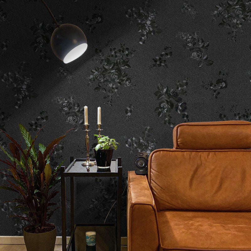 Lativo Black Peel and Stick Wallpaper 118inL 17.7inW Black Silk Embossed Floral Contact Paper for Cabinets Drawers Furniture Textured Flower Removable Wallpaper for Kitchen Bathroom Waterproof Thicken - Image 5