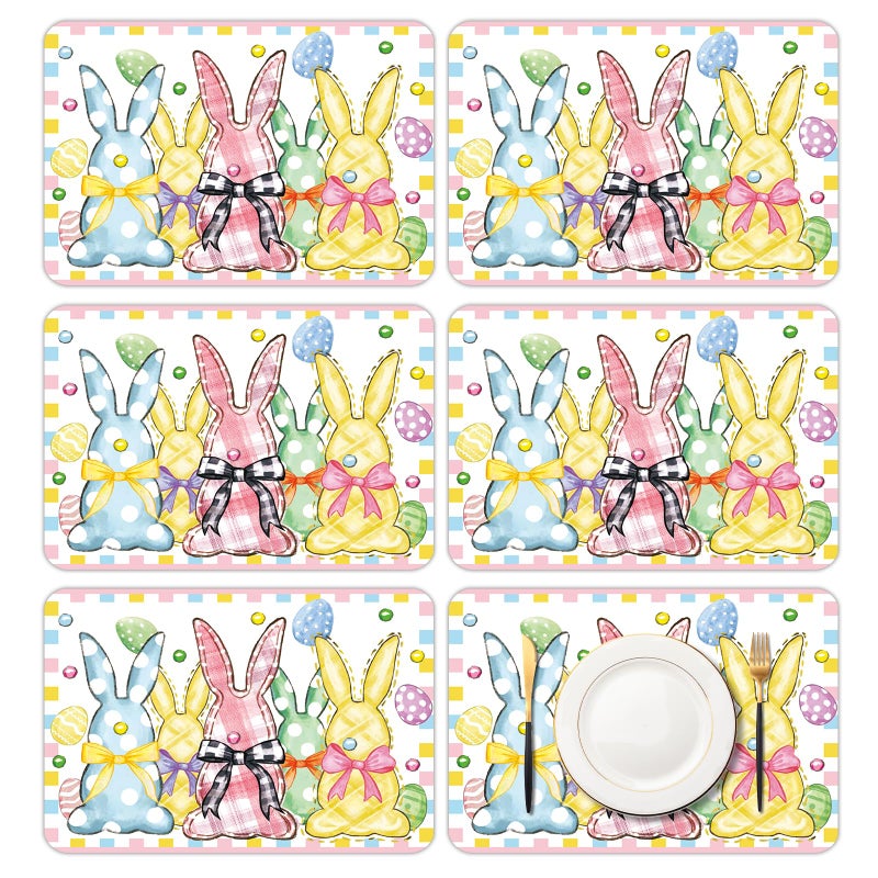 KOPOOEOE 6 Pcs Easter Placemats, 11x16 Inch Plastic Bunny Eggs Bow Placemats Spring Seasonal Washable Table Mats for Party Kitchen Dining Decoration - Image 1