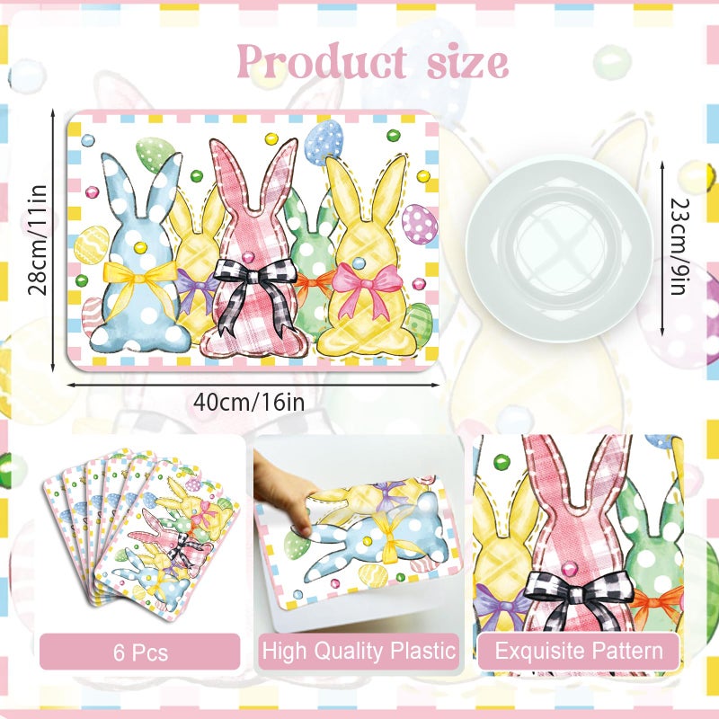 KOPOOEOE 6 Pcs Easter Placemats, 11x16 Inch Plastic Bunny Eggs Bow Placemats Spring Seasonal Washable Table Mats for Party Kitchen Dining Decoration - Image 2