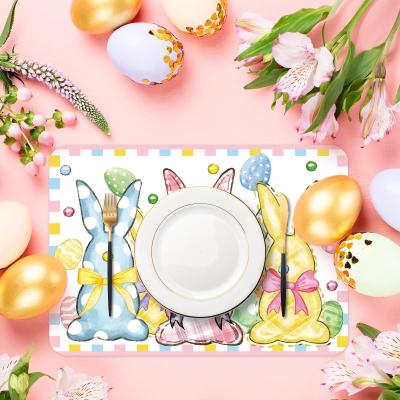 KOPOOEOE 6 Pcs Easter Placemats, 11x16 Inch Plastic Bunny Eggs Bow Placemats Spring Seasonal Washable Table Mats for Party Kitchen Dining Decoration - Image 4