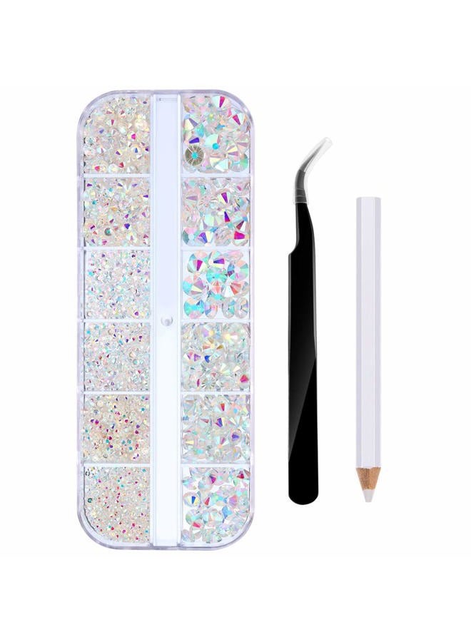 TecUnite 2000 Pieces Flat Back Gems Rhinestones 6 Sizes (1.5-6 Mm) Round Crystal Rhinestones with Pick up Tweezer and Rhinestones Picking Pen for Crafts Nail Clothes Shoes Bags DIY Art (Clear AB) - Image 4
