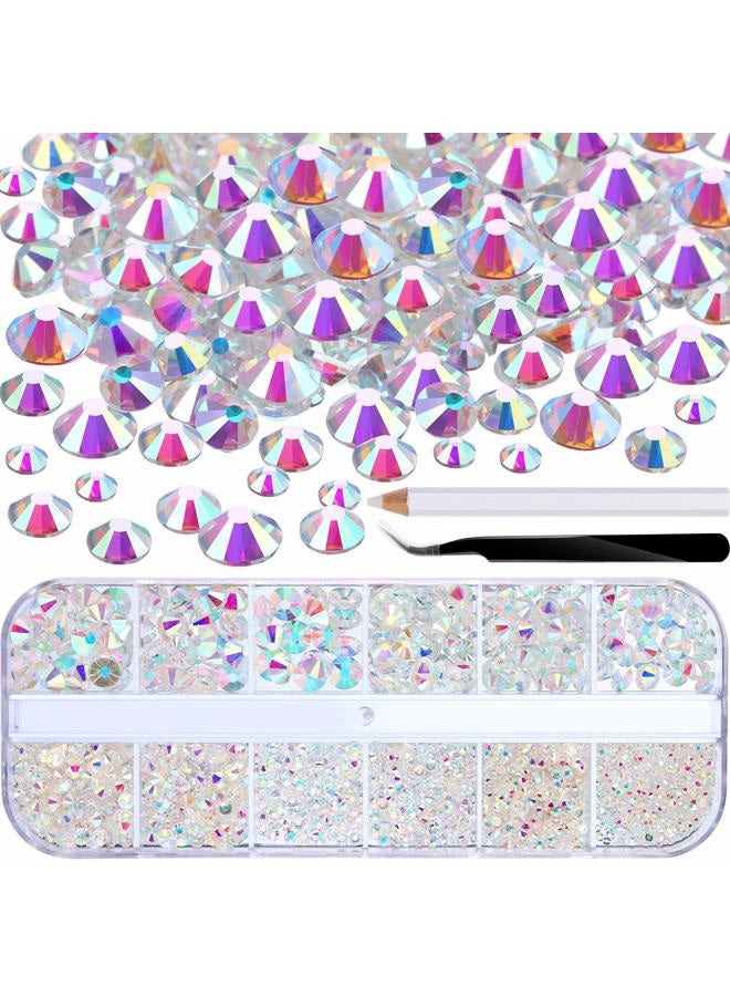 TecUnite 2000 Pieces Flat Back Gems Rhinestones 6 Sizes (1.5-6 Mm) Round Crystal Rhinestones with Pick up Tweezer and Rhinestones Picking Pen for Crafts Nail Clothes Shoes Bags DIY Art (Clear AB) - Image 1