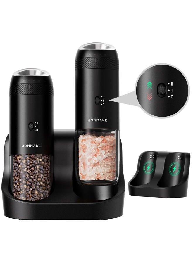 WONMAKE Gravity Electric Salt and Pepper Grinder Set with Charging Base, Automatic Salt and Pepper Mill, 6-Level Adjustable Coarseness, Dual Speed, and Large 5.95oz Capacity - Image 1