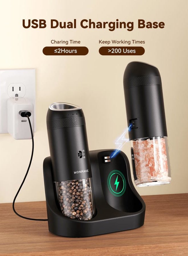 WONMAKE Gravity Electric Salt and Pepper Grinder Set with Charging Base, Automatic Salt and Pepper Mill, 6-Level Adjustable Coarseness, Dual Speed, and Large 5.95oz Capacity - Image 2