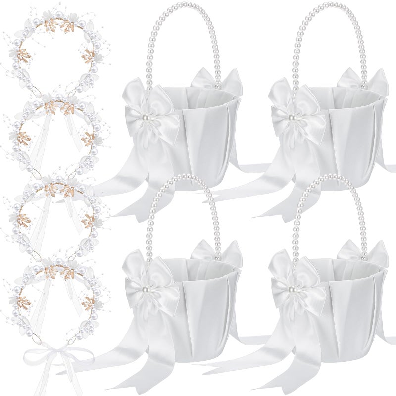 Ferrochef Wedding Flower Girl Basket with Headpiece Set of 4 Ivory Flower Girl Basket with Pearl Handle Ribbon Bow, Wedding Crown Princess Crystal Pearl Hair Accessories for Ceremony, Birthday Party - Image 1
