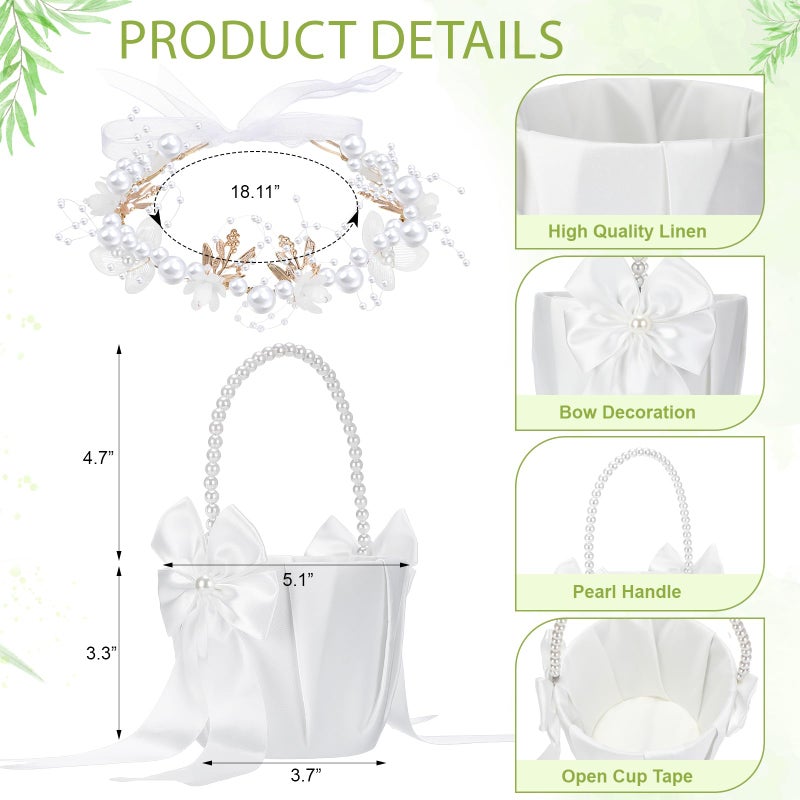 Ferrochef Wedding Flower Girl Basket with Headpiece Set of 4 Ivory Flower Girl Basket with Pearl Handle Ribbon Bow, Wedding Crown Princess Crystal Pearl Hair Accessories for Ceremony, Birthday Party - Image 2