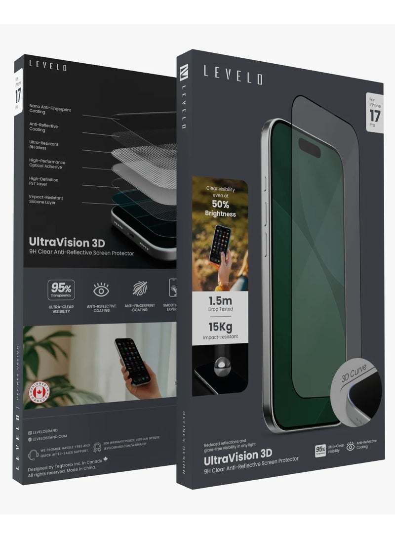 LEVELO iPhone 17 Pro UltraVision 3D AR 9H Screen Protector / 1.5m Drop Tested / 15Kg Impact-Resistant / Anti-Reflective Coating / Impact-Resistant Silicone Layer - Clear - Image 5