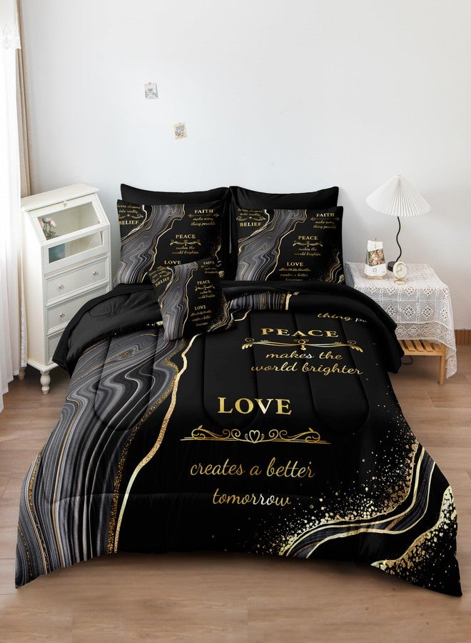 Herside Marble Queen Comforter Set with Sheets,8 Pieces Black and Gold Queen Bed in a Bag Set,Inspirational Positive Energy Words Quilt Set,Modern Marble Texture Luxury Bedding Set for All Seasons - Image 1