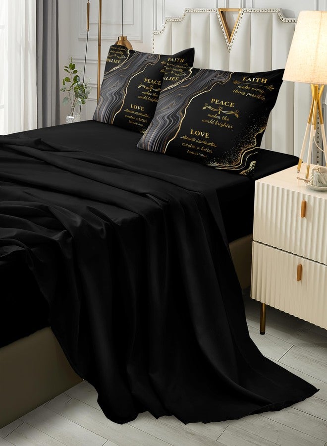 Herside Marble Queen Comforter Set with Sheets,8 Pieces Black and Gold Queen Bed in a Bag Set,Inspirational Positive Energy Words Quilt Set,Modern Marble Texture Luxury Bedding Set for All Seasons - Image 4