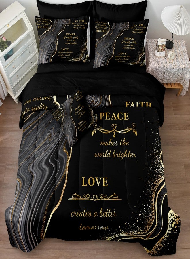 Herside Marble Queen Comforter Set with Sheets,8 Pieces Black and Gold Queen Bed in a Bag Set,Inspirational Positive Energy Words Quilt Set,Modern Marble Texture Luxury Bedding Set for All Seasons - Image 5