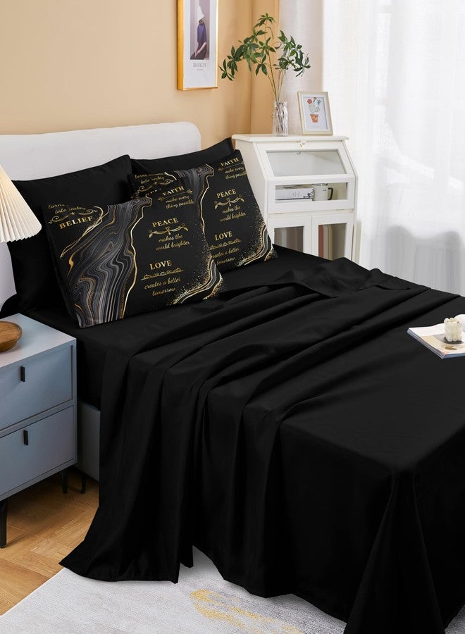 Herside Marble Queen Comforter Set with Sheets,8 Pieces Black and Gold Queen Bed in a Bag Set,Inspirational Positive Energy Words Quilt Set,Modern Marble Texture Luxury Bedding Set for All Seasons - Image 3
