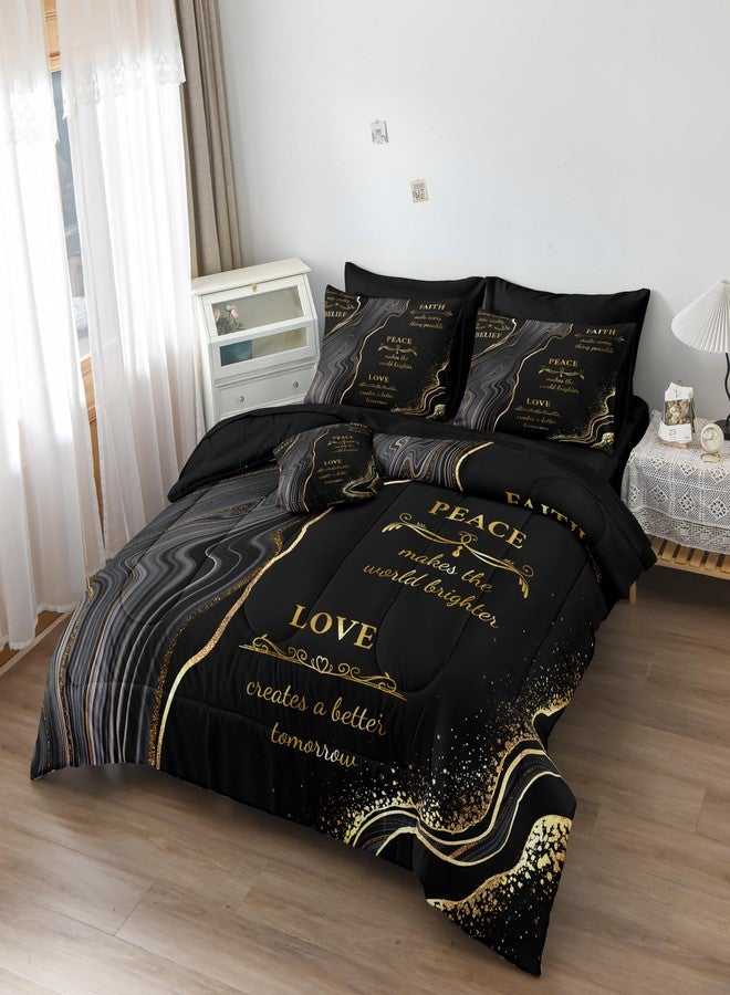Herside Marble Queen Comforter Set with Sheets,8 Pieces Black and Gold Queen Bed in a Bag Set,Inspirational Positive Energy Words Quilt Set,Modern Marble Texture Luxury Bedding Set for All Seasons - Image 2