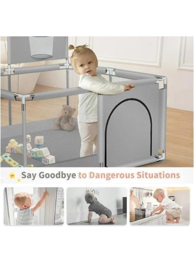 Playpen Baby Ball Pit Baby Playpen With Basketball Hoop And 30 balls (Gray) - Image 2