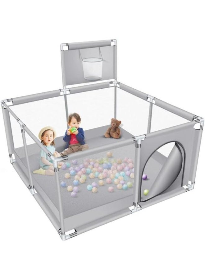 Playpen Baby Ball Pit Baby Playpen With Basketball Hoop And 30 balls (Gray) - Image 1