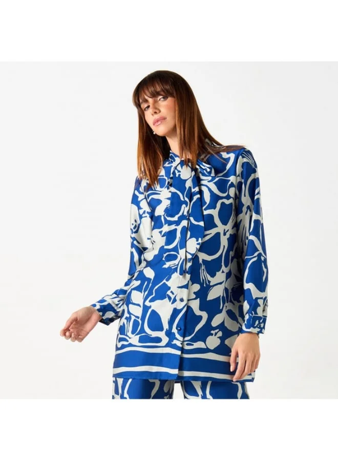 2Xtremz 2Xtremz All-Over Floral Print Shirt with Pussy Bow Neck and Long Sleeves