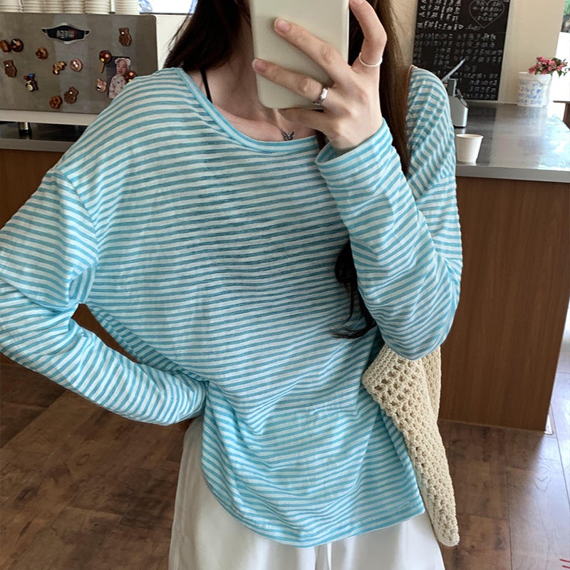 European Pure Sweet Spicy Backless Lace-Up Thin Long-Sleeved T-Shirt Women'S Summer Loose Striped Sunscreen Air Conditioning Blouse - Image 1