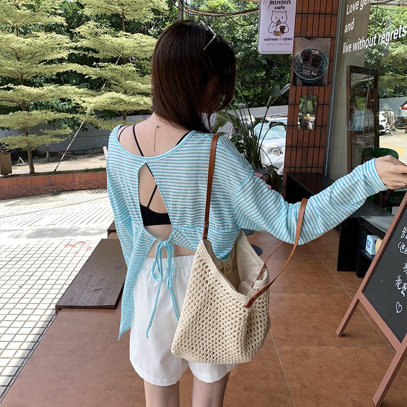 European Pure Sweet Spicy Backless Lace-Up Thin Long-Sleeved T-Shirt Women'S Summer Loose Striped Sunscreen Air Conditioning Blouse - Image 3