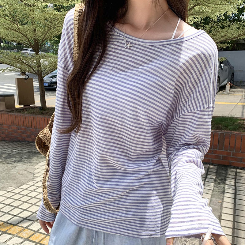 European Pure Sweet Spicy Backless Lace-Up Thin Long-Sleeved T-Shirt Women'S Summer Loose Striped Sunscreen Air Conditioning Blouse - Image 2
